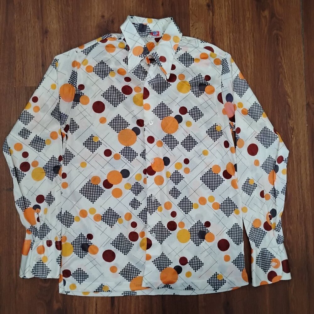 Vintage MCM Mod Put On Shop Sears Dots Checkers Pattern Disco Shirt - Picture 2 of 5